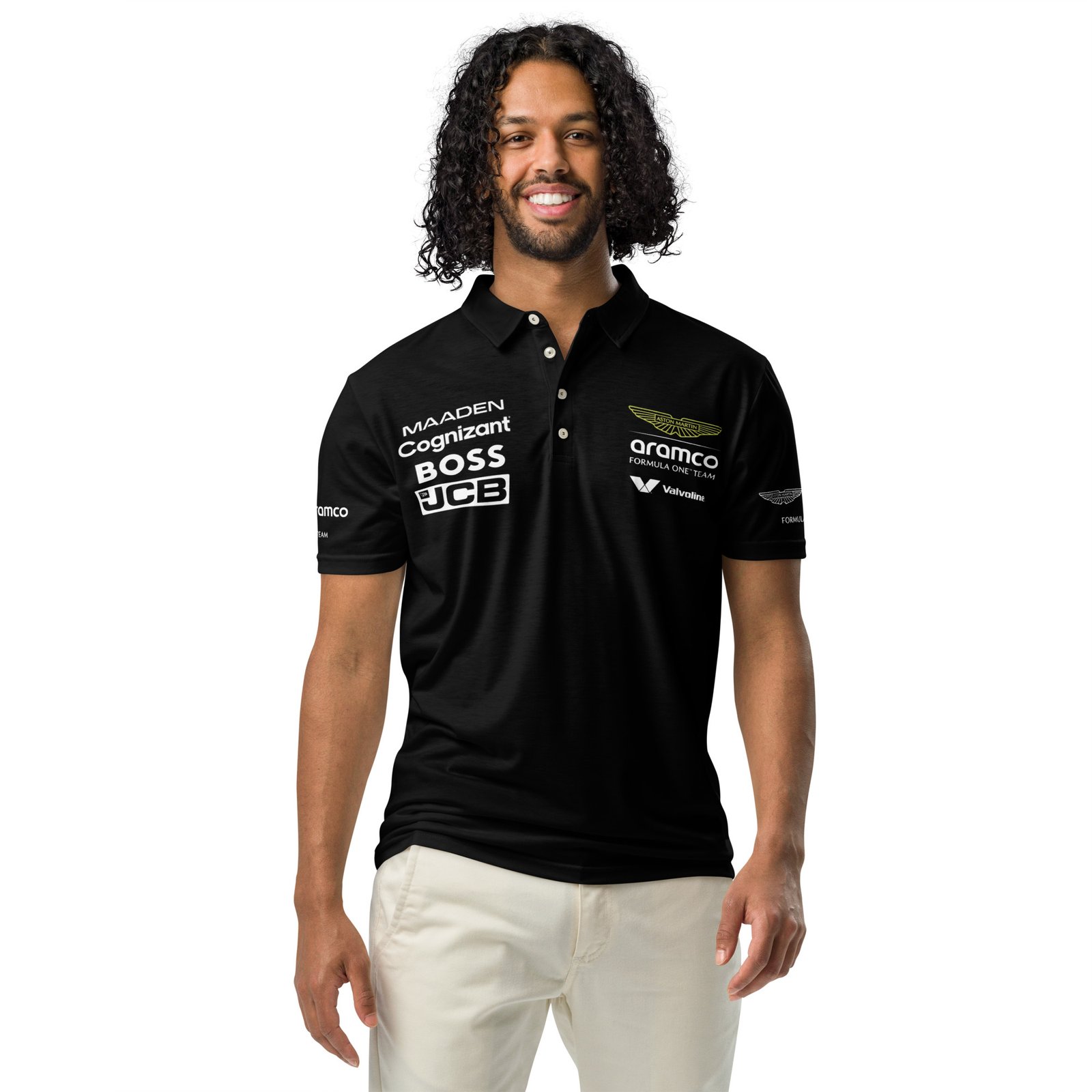 mens-all-over-print-slim-fit-polo-shirt-black-front-6abb79a540125.jpg Aston Martin F1 Slim Fit Polo – Men’s Racing Edition - Image 1