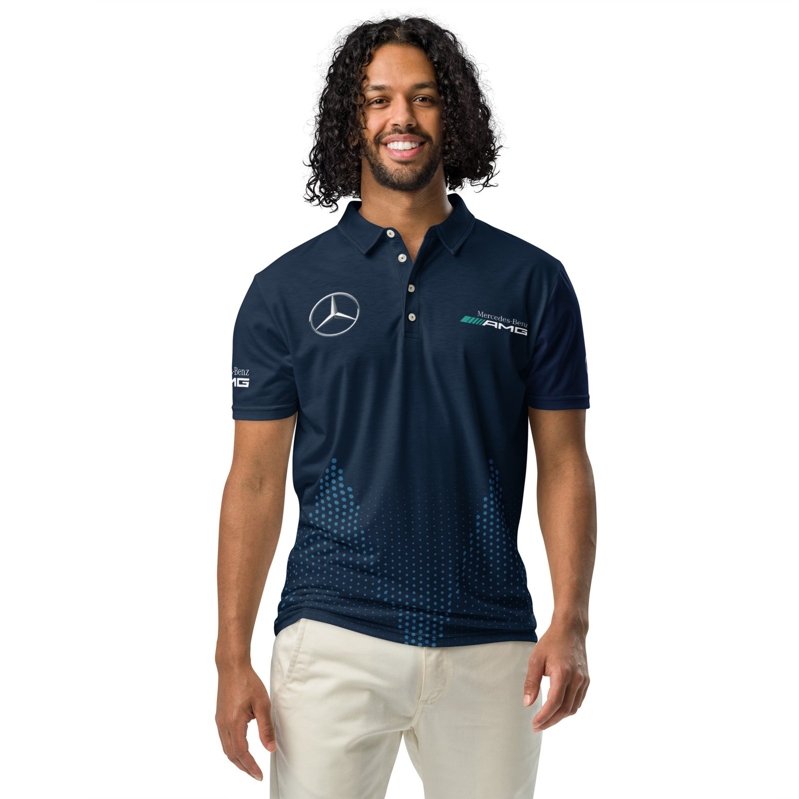 mens-all-over-print-slim-fit-polo-shirt-black-front-6abbd123d62df.jpg Mercedes F1 Slim Fit Polo – Men’s Racing Edition - Image 1